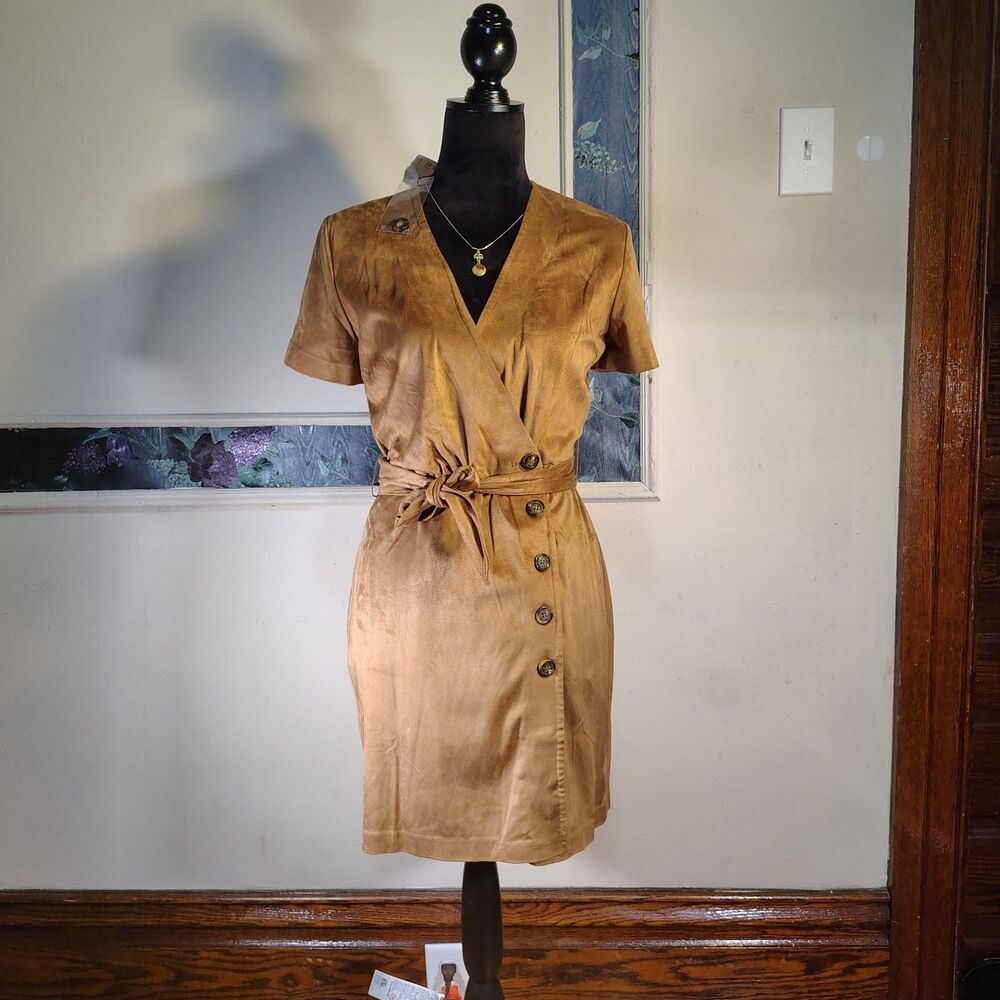 Country Faux Suede Tan Button Tie MNG Casual Dress NWTS Size 4 Nina/T551